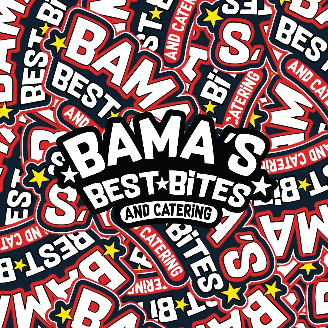 Red black white and yellow Bamas Best BBQ and Catering logo suite presentation