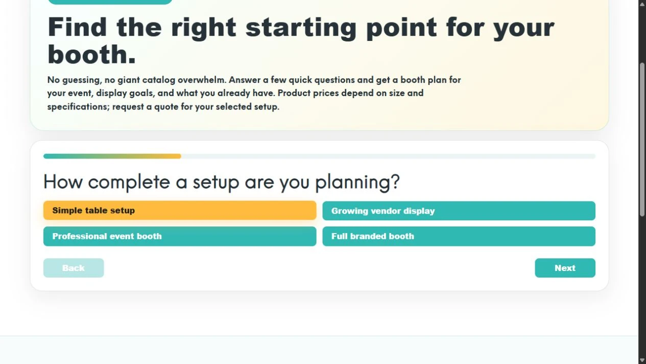 Logged-out Booth Recommender with Simple table setup selected and the Next button available.