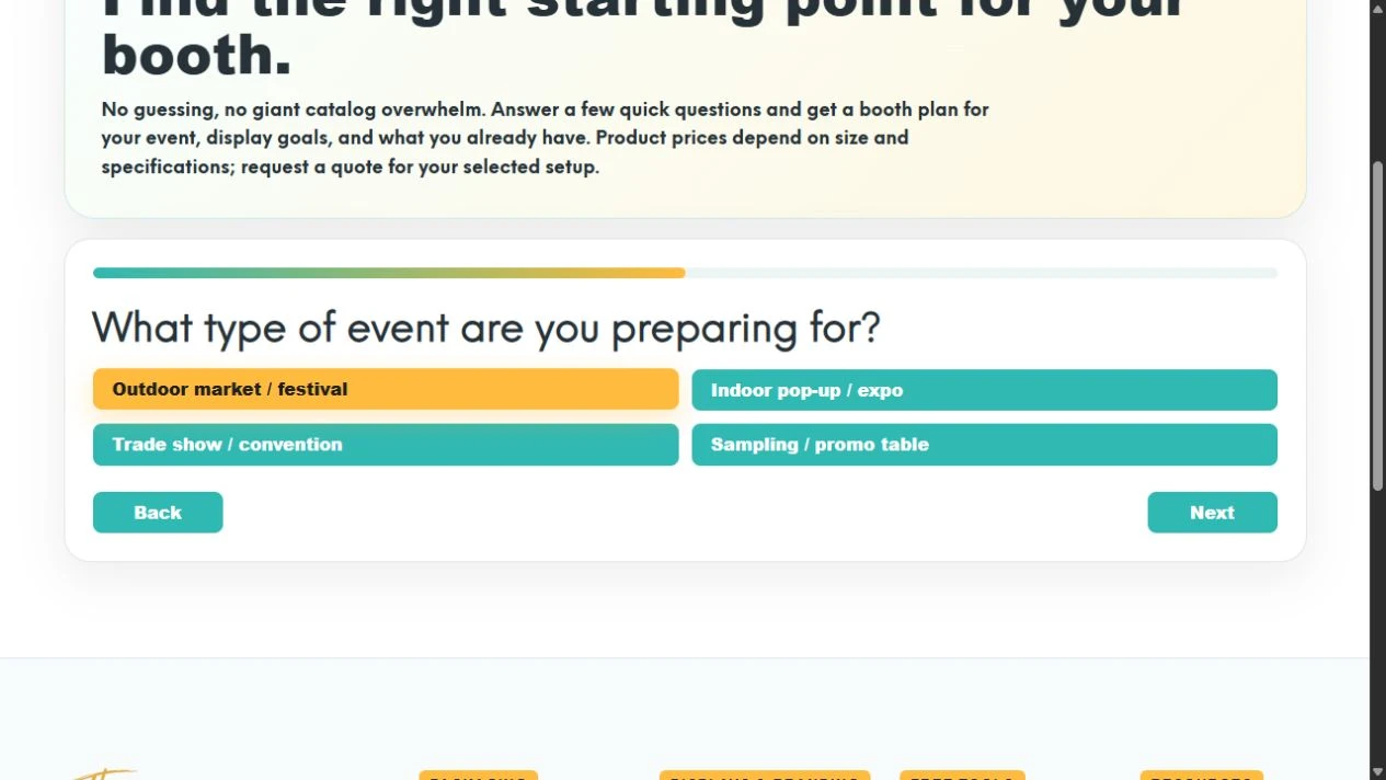 Event question with Outdoor market / festival selected in the Booth Recommender.