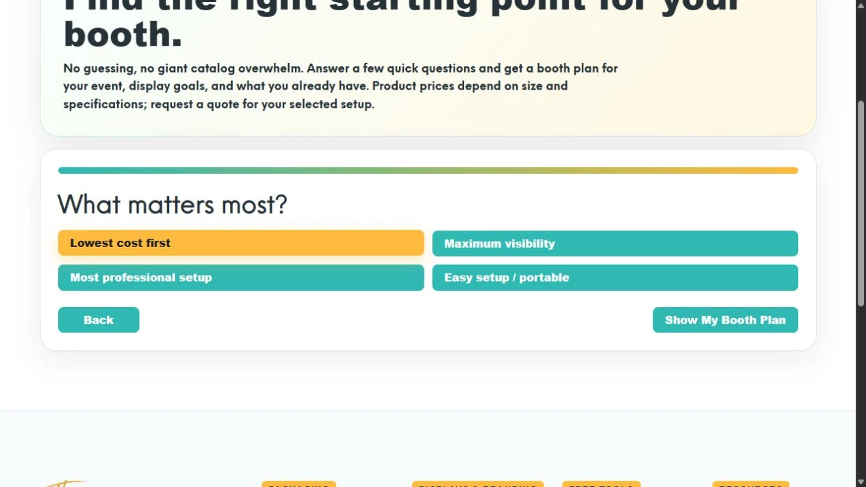 Lowest cost first selected, with the Show My Booth Plan button below the four planning priorities.
