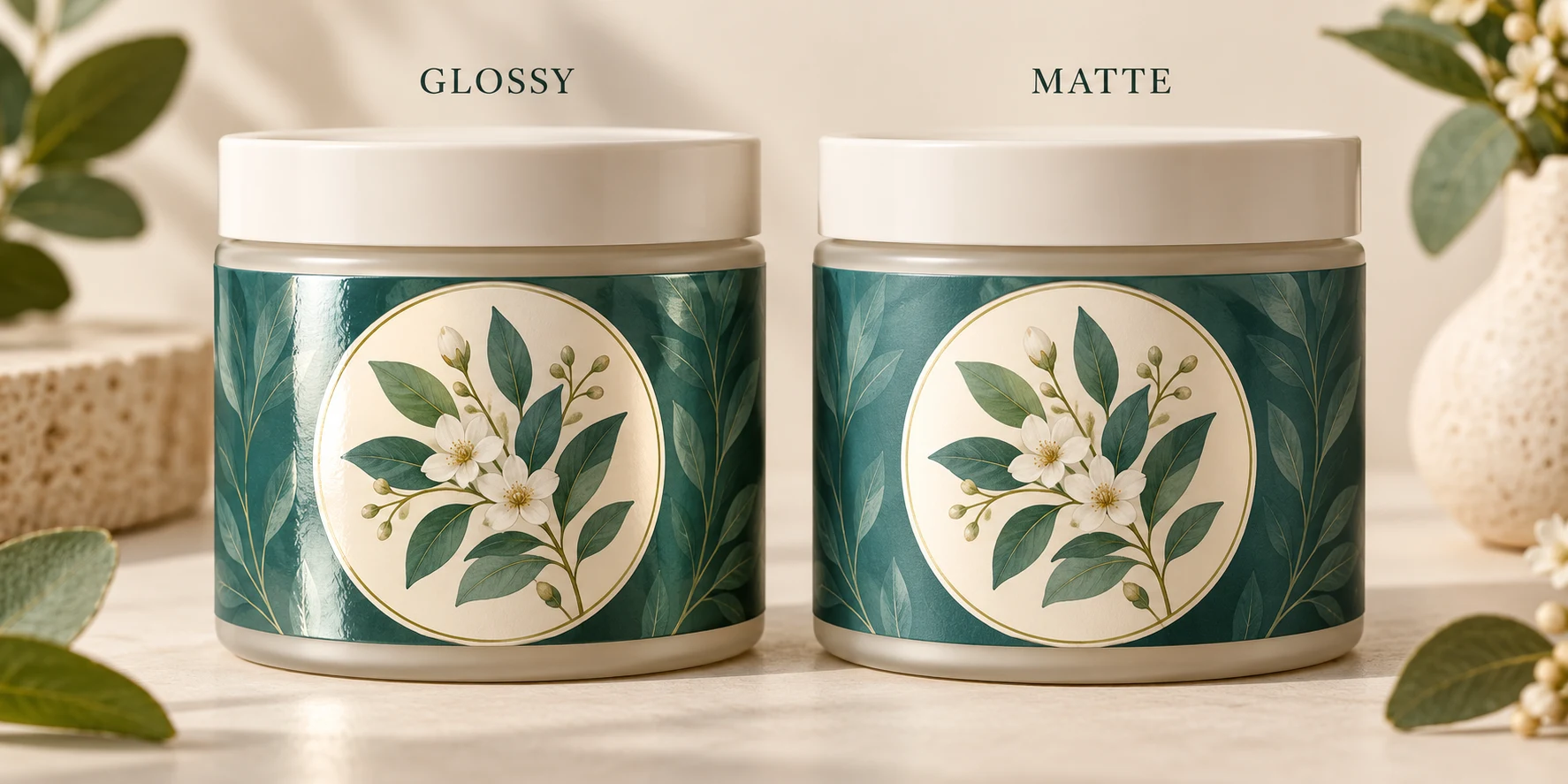 Illustrative side-by-side comparison of matching botanical product labels: reflective glossy finish on the left and soft matte finish on the right.