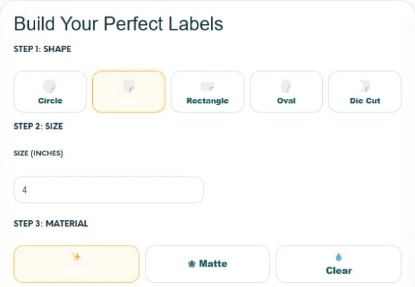 Product label quoter showing Square selected, size set to four inches and the Gloss option selected.