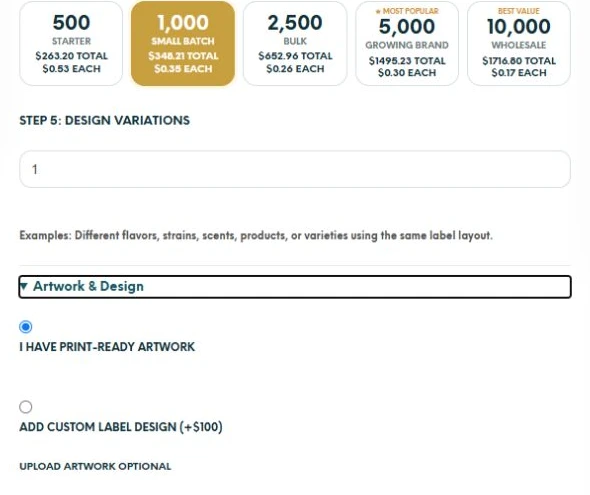 Quantity options with 1,000 selected, one design variation and the print-ready artwork option selected.
