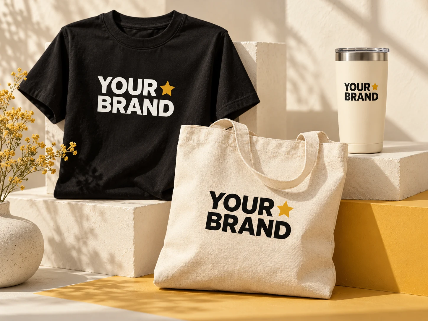 Illustrative example: matching shirt, tumbler, and tote printed with the words Your Brand