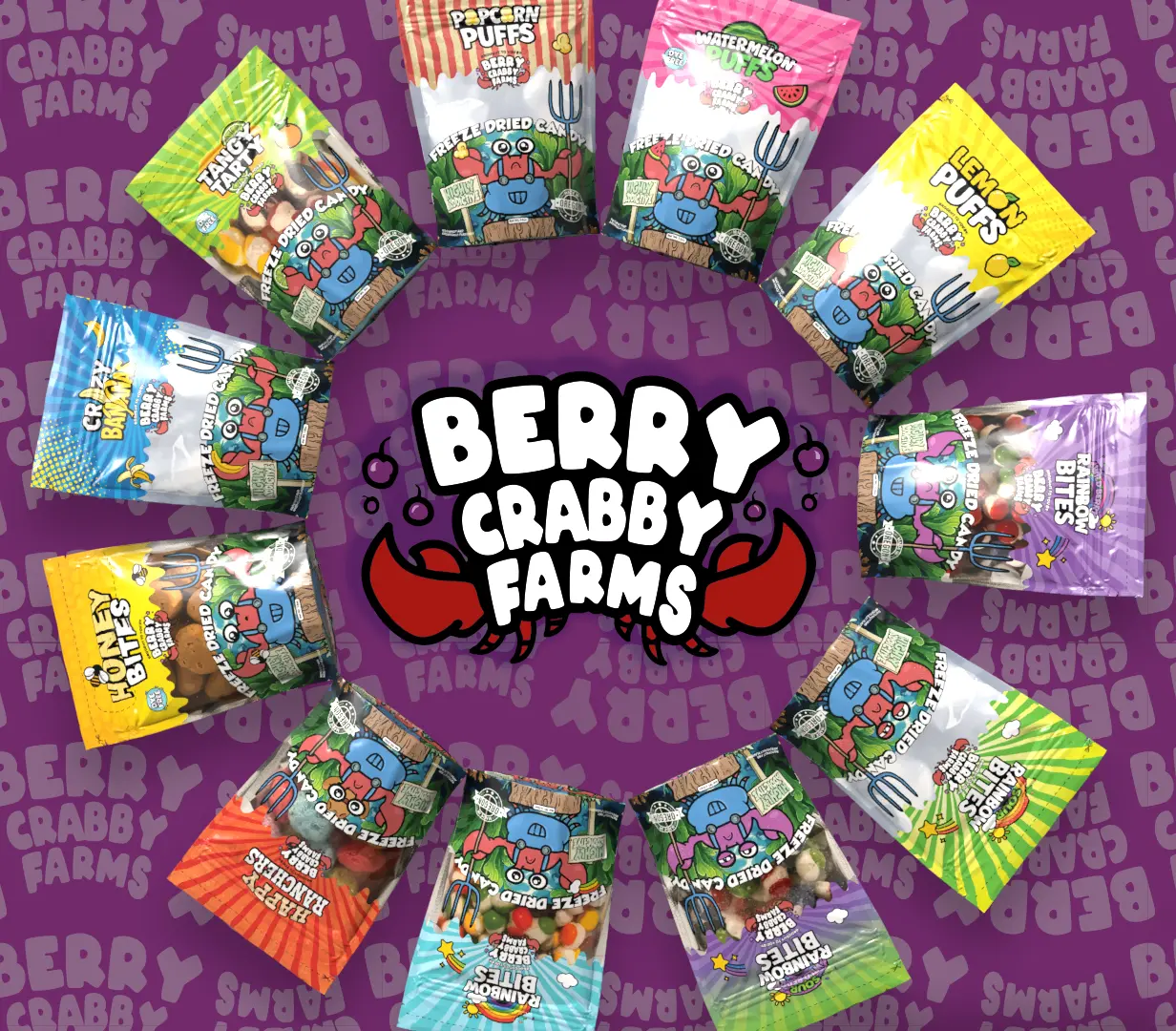 Berry Crabby Farms freeze-dried candy packaging lineup