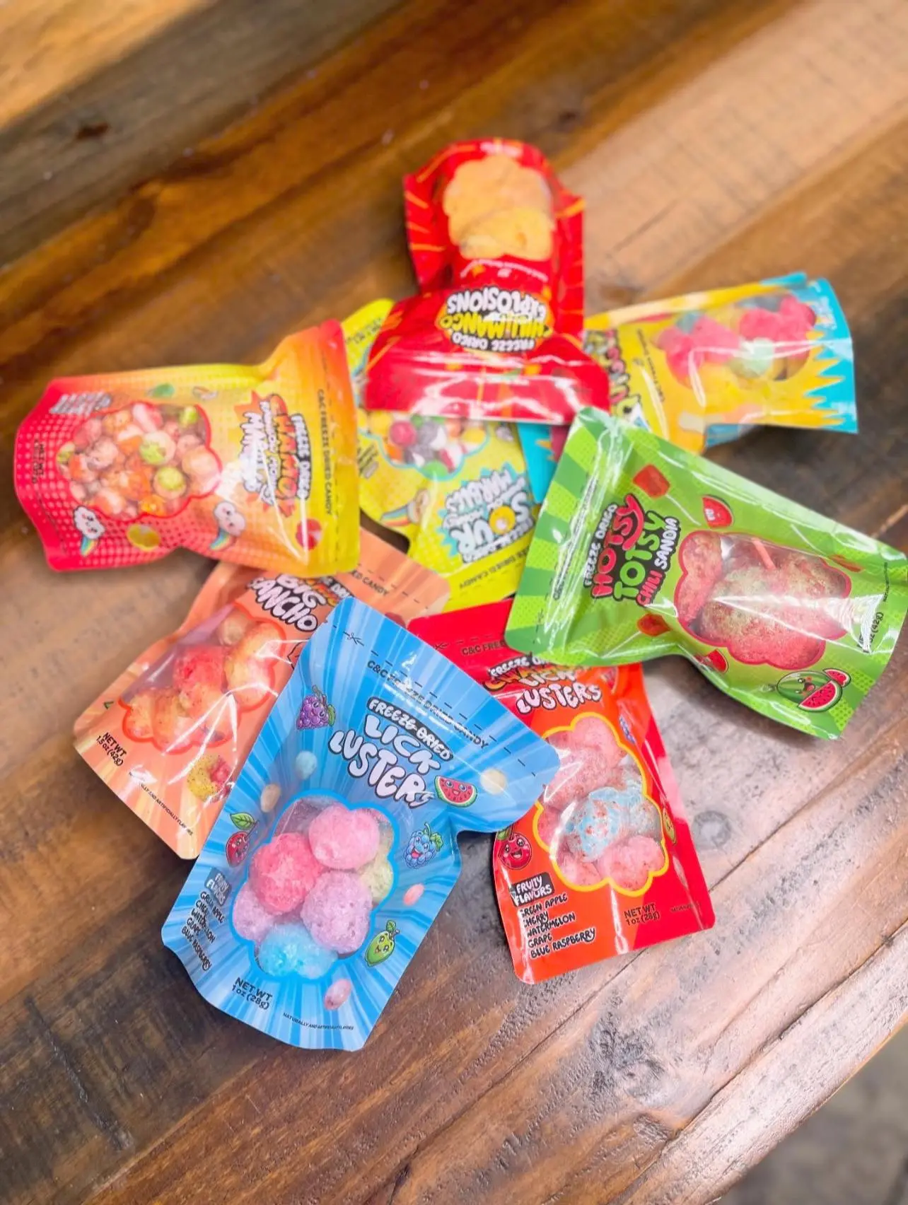 C&C Freeze Dried Candy filled bags with colorful custom packaging