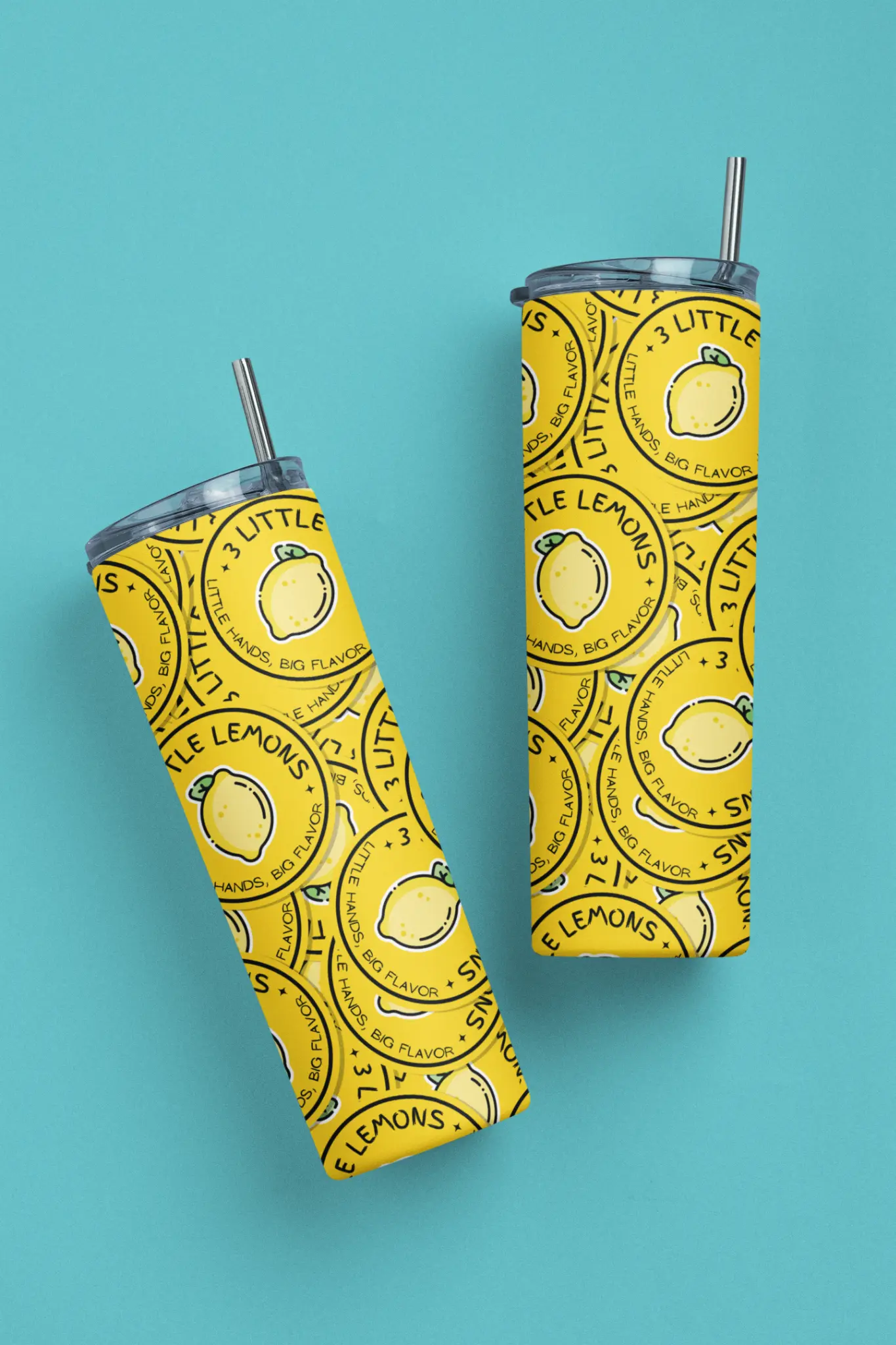 3 Little Lemons artwork shown as a repeating logo pattern on two yellow tumblers