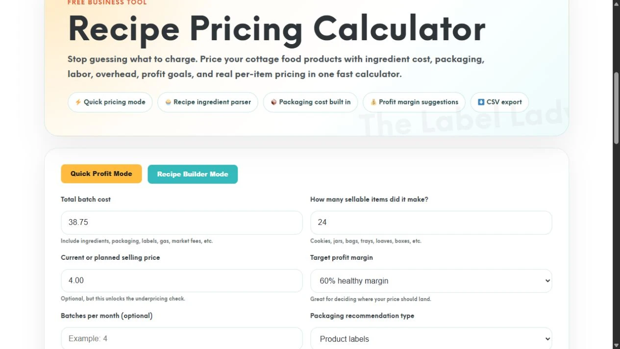 Logged-out Quick Profit Mode showing a batch cost of 38.75, 24 sellable items, a 4.00 selling price, and a 60 percent target margin.