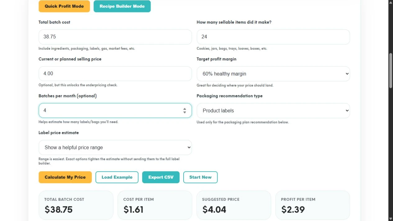 Batches per month set to four, Product labels selected, and Show a helpful price range selected above the Calculate My Price button.