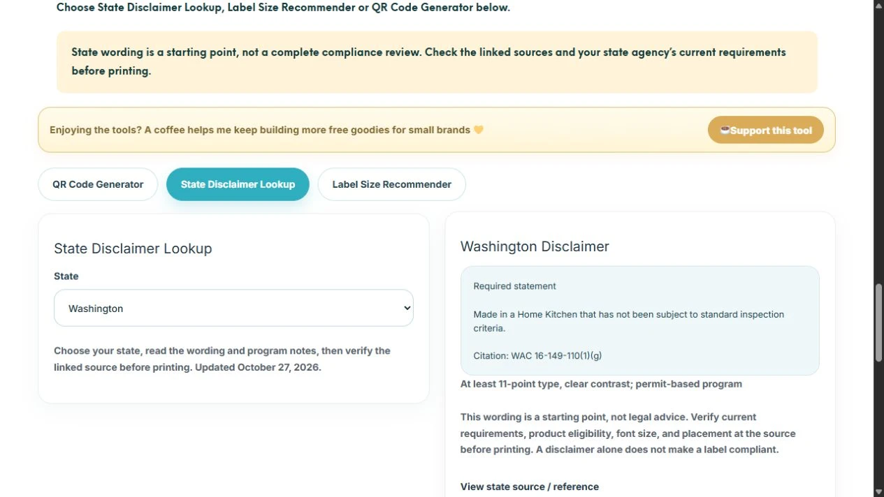 Washington selected in the State Disclaimer Lookup with wording, a citation, and a type-size note