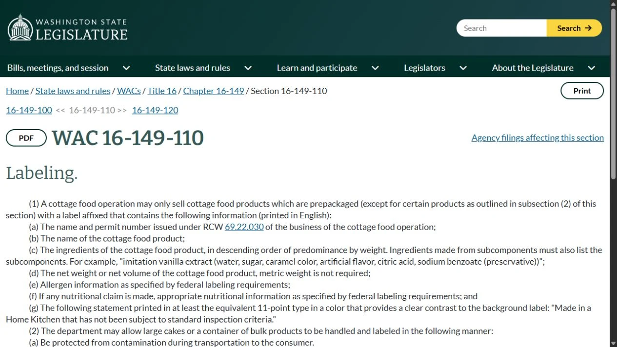 Washington’s official cottage food labeling rule opened from the lookup reference